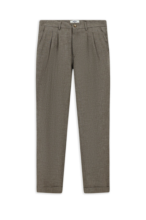 Orta Kahve 7 Drop Slim Fit Dar Kesim Desenli Keten Karışımlı Pileli Klasik Kumaş Pantolon