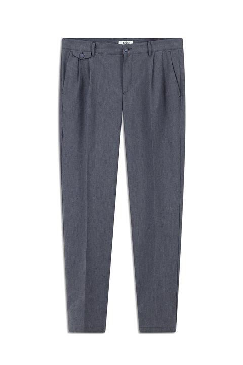 Koyu Lacivert 6 Drop Regular Fit Standart Kesim Çizgili Keten Karışımlı Pileli Klasik Kumaş Pantolon