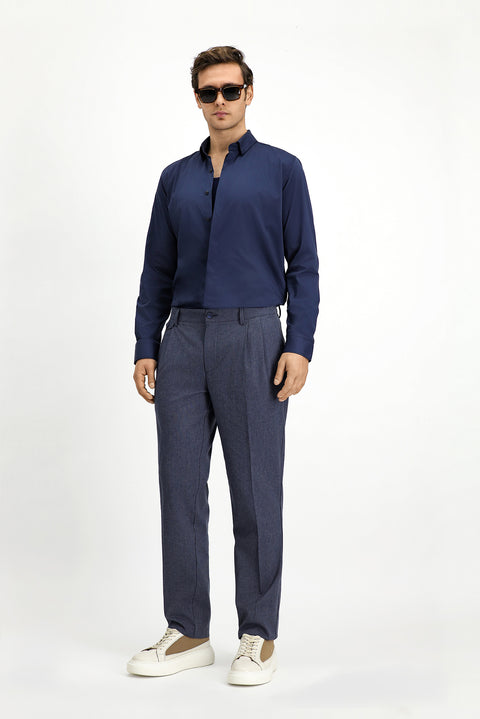 Koyu Lacivert 6 Drop Regular Fit Standart Kesim Çizgili Keten Karışımlı Pileli Klasik Kumaş Pantolon