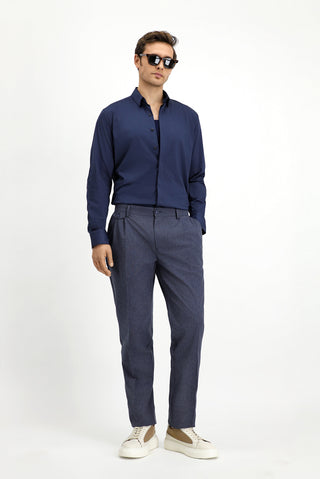  Koyu Lacivert Regular Fit Çizgili Keten Karışımlı Pileli Klasik Kumaş Pantolon