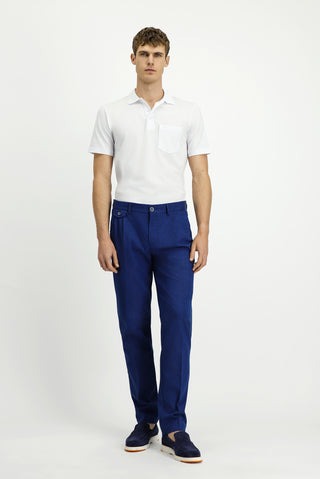  Saks Mavi Regular Fit Çizgili Keten Karışımlı Pileli Klasik Kumaş Pantolon