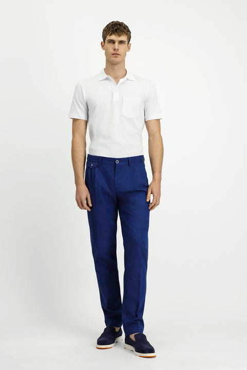 Saks Mavi 6 Drop Regular Fit Standart Kesim Çizgili Keten Karışımlı Pileli Klasik Kumaş Pantolon