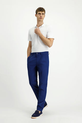  Saks Mavi Regular Fit Çizgili Keten Karışımlı Pileli Klasik Kumaş Pantolon