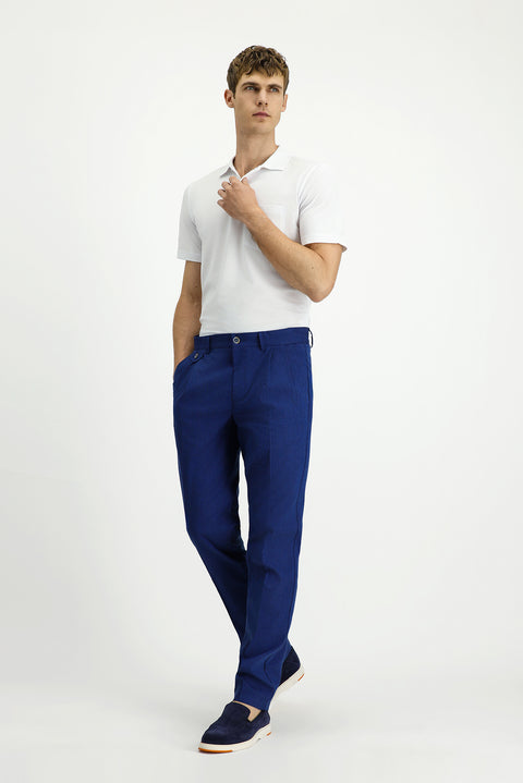 Saks Mavi 6 Drop Regular Fit Standart Kesim Çizgili Keten Karışımlı Pileli Klasik Kumaş Pantolon