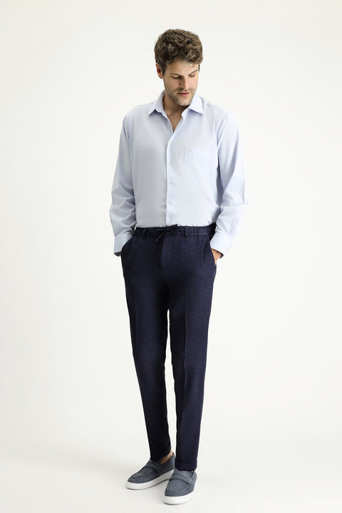 Koyu Lacivert 7 Drop Super Slim Fit Eksra Dar Kesim Likralı Beli Lastikli İpli Klasik Kumaş Pantolon