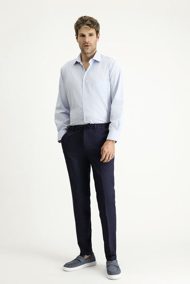 Koyu Lacivert Super Slim Fit Ekstra Dar Kesim Likralı Beli Lastikli İpli Klasik Kumaş Pantolon