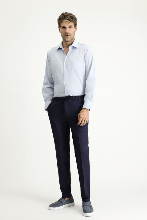 Koyu Lacivert 7 Drop Super Slim Fit Eksra Dar Kesim Likralı Beli Lastikli İpli Klasik Kumaş Pantolon