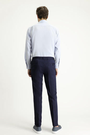 Koyu Lacivert Super Slim Fit Ekstra Dar Kesim Likralı Beli Lastikli İpli Klasik Kumaş Pantolon