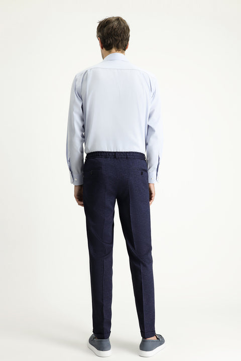 Koyu Lacivert 7 Drop Super Slim Fit Eksra Dar Kesim Likralı Beli Lastikli İpli Klasik Kumaş Pantolon
