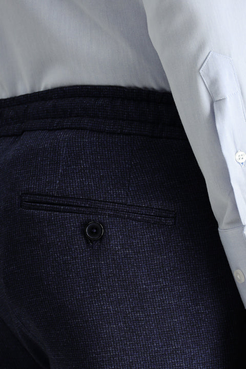 Koyu Lacivert 7 Drop Super Slim Fit Eksra Dar Kesim Likralı Beli Lastikli İpli Klasik Kumaş Pantolon