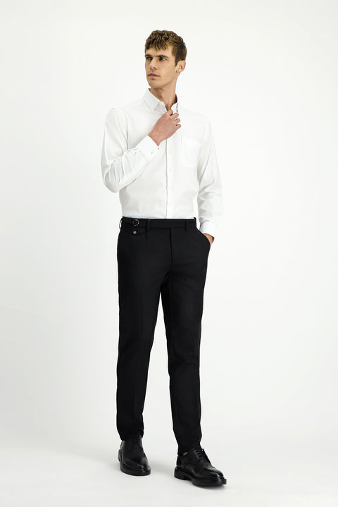 Siyah 7 Drop Slim Fit Dar Kesim Likralı Desenli Tokalı Pileli Klasik Kumaş Pantolon