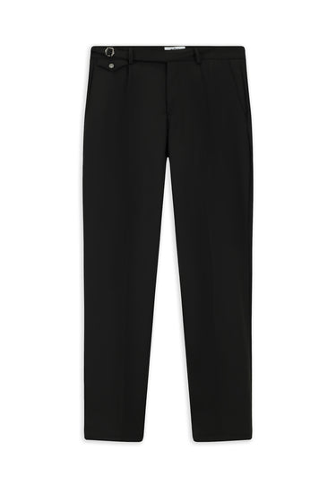 Siyah Slim Fit Dar Kesim Likralı Desenli Tokalı Pileli Klasik Kumaş Pantolon