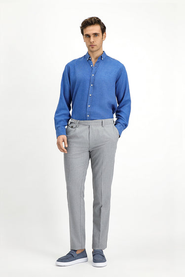  Açık Gri Slim Fit Dar Kesim Likralı Desenli Tokalı Pileli Klasik Kumaş Pantolon