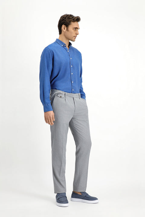 Açık Gri 7 Drop Slim Fit Dar Kesim Likralı Desenli Tokalı Pileli Klasik Kumaş Pantolon