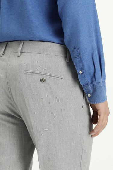 Açık Gri Slim Fit Dar Kesim Likralı Desenli Tokalı Pileli Klasik Kumaş Pantolon