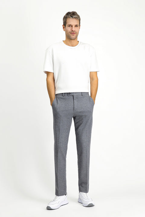 Medium Grey Melange 7 Drop Super Slim Fit Extra Narrow Cut Cotton Knit Classic Fabric Trousers