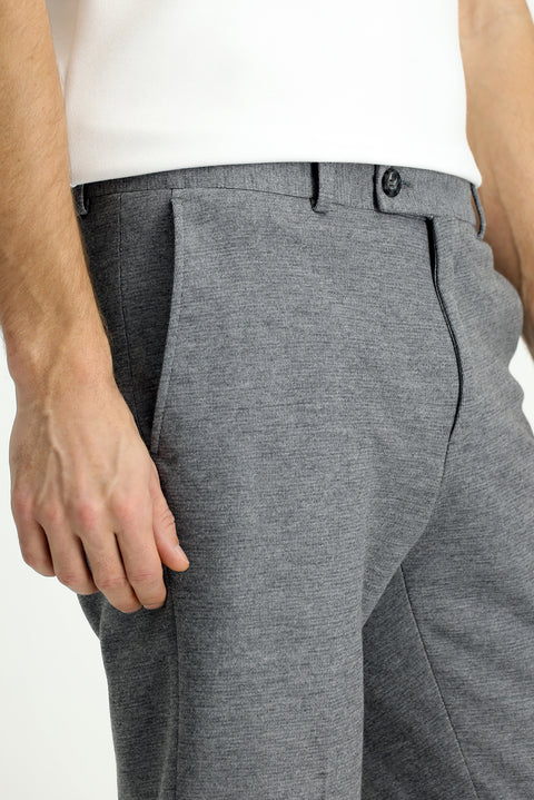 Medium Grey Melange 7 Drop Super Slim Fit Extra Narrow Cut Cotton Knit Classic Fabric Trousers