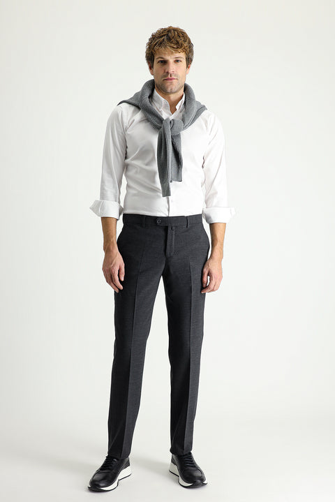 Koyu Antrasit 7 Drop Slim Fit Dar Kesim Yünlü Klasik Kumaş Pantolon