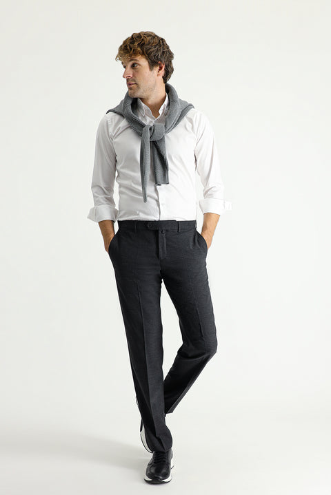 Koyu Antrasit 7 Drop Slim Fit Dar Kesim Yünlü Klasik Kumaş Pantolon