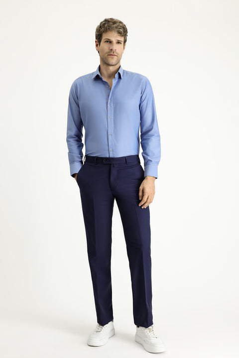 Orta Lacivert 7 Drop Slim Fit Dar Kesim Yünlü Klasik Kumaş Pantolon