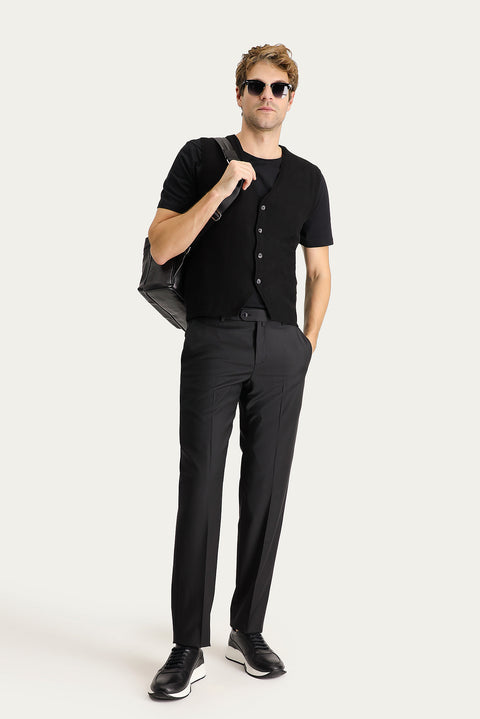 Siyah 6 Drop Regular Fit Standart Kesim Yünlü Klasik Kumaş Pantolon
