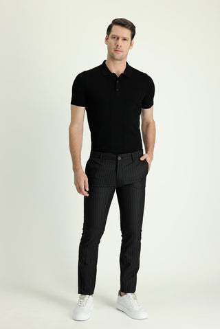  Siyah 7 Drop Slim Fit Dar Kesim Beli Lastikli Çizgili Likralı Klasik Kumaş Pantolon