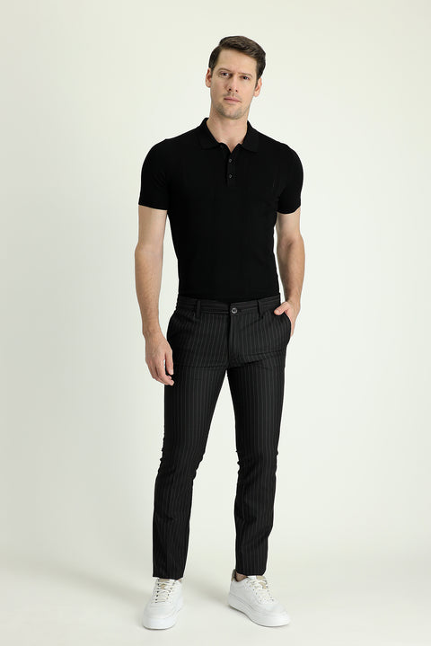 Siyah 7 Drop Slim Fit Dar Kesim Beli Lastikli Çizgili Likralı Klasik Kumaş Pantolon