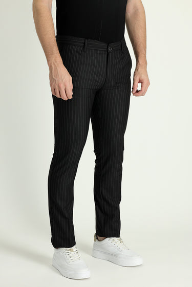 Siyah Slim Fit Dar Kesim Beli Lastikli Çizgili Likralı Klasik Kumaş Pantolon