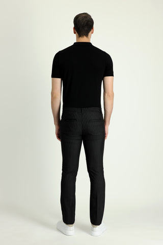  Siyah 7 Drop Slim Fit Dar Kesim Beli Lastikli Çizgili Likralı Klasik Kumaş Pantolon