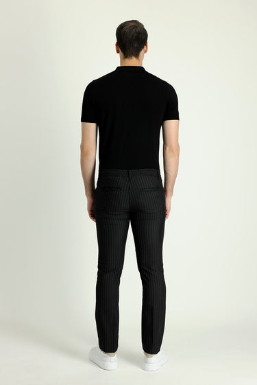 Siyah Slim Fit Dar Kesim Beli Lastikli Çizgili Likralı Klasik Kumaş Pantolon