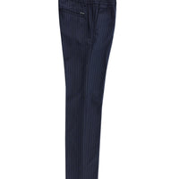 Orta Lacivert 7 Drop Slim Fit Dar Kesim Beli Lastikli Çizgili Likralı Klasik Kumaş Pantolon