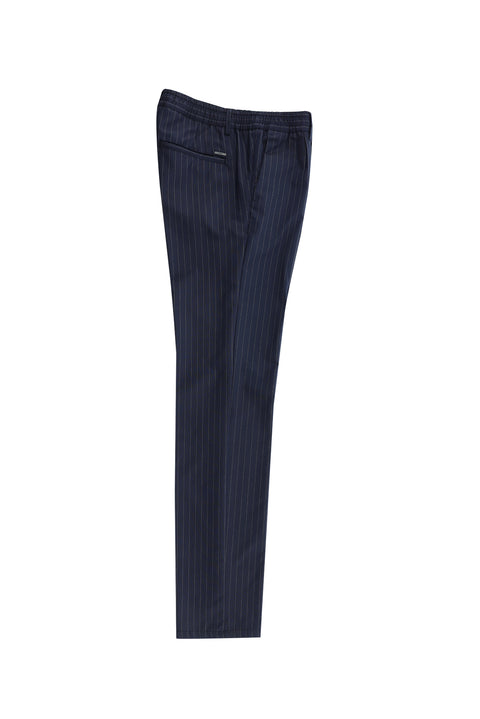 Orta Lacivert 7 Drop Slim Fit Dar Kesim Beli Lastikli Çizgili Likralı Klasik Kumaş Pantolon