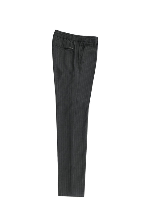 Orta Antrasit 7 Drop Slim Fit Dar Kesim Beli Lastikli Çizgili Likralı Klasik Kumaş Pantolon