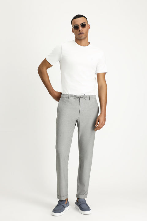 Orta Gri 6 Drop Regular Fit Standart Kesim Beli Lastikli İpli Desenli Gofre Likralı Klasik Kumaş Pantolon