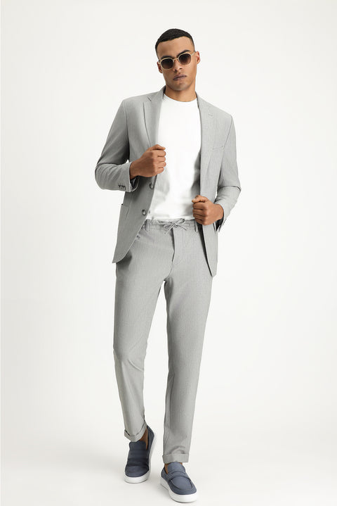 Orta Gri 6 Drop Regular Fit Standart Kesim Beli Lastikli İpli Desenli Gofre Likralı Klasik Kumaş Pantolon