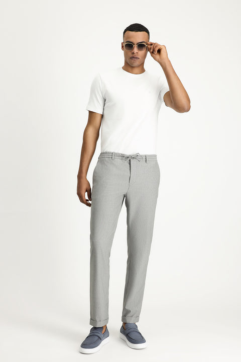 Orta Gri 6 Drop Regular Fit Standart Kesim Beli Lastikli İpli Desenli Gofre Likralı Klasik Kumaş Pantolon