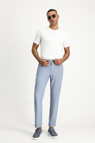  Mavi 6 Drop Regular Fit Standart Kesim Beli Lastikli İpli Desenli Gofre Likralı Klasik Kumaş Pantolon
