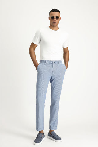  Mavi 6 Drop Regular Fit Standart Kesim Beli Lastikli İpli Desenli Gofre Likralı Klasik Kumaş Pantolon