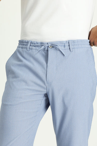 Mavi Regular Fit Beli Lastikli İpli Desenli Gofre Likralı Klasik Kumaş Pantolon