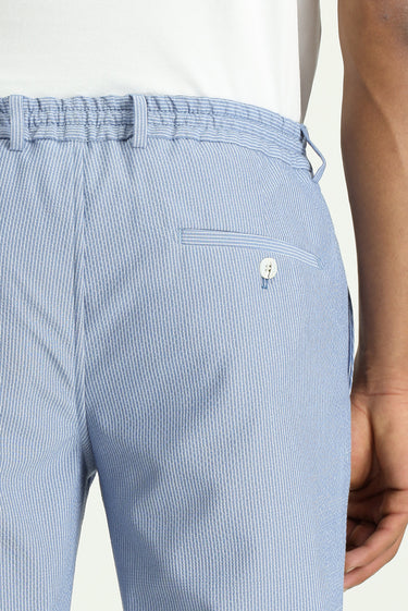 Mavi Regular Fit Beli Lastikli İpli Desenli Gofre Likralı Klasik Kumaş Pantolon