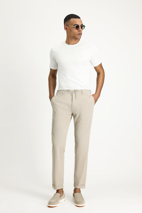 Açık Vizon 6 Drop Regular Fit Standart Kesim Beli Lastikli İpli Desenli Gofre Likralı Klasik Kumaş Pantolon