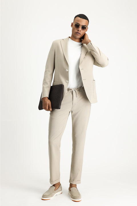 Açık Vizon 6 Drop Regular Fit Standart Kesim Beli Lastikli İpli Desenli Gofre Likralı Klasik Kumaş Pantolon