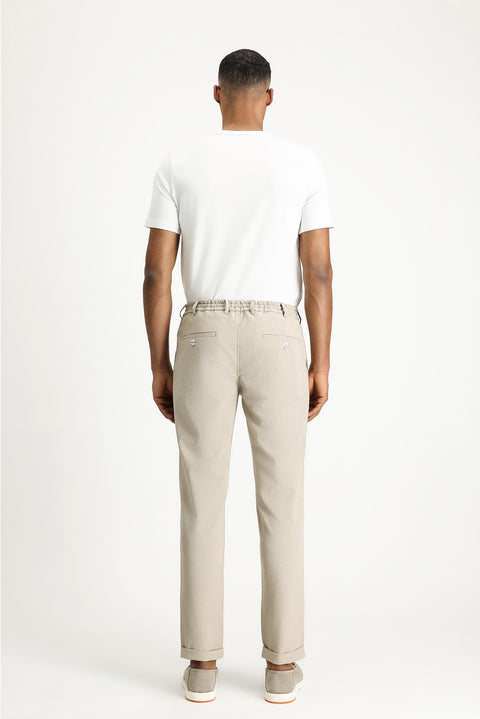 Açık Vizon 6 Drop Regular Fit Standart Kesim Beli Lastikli İpli Desenli Gofre Likralı Klasik Kumaş Pantolon