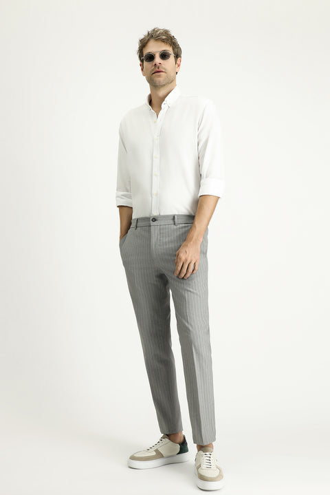 Orta Gri 7 Drop Slim Fit Dar Kesim Beli Lastikli Likralı Çizgili Klasik Kumaş Pantolon