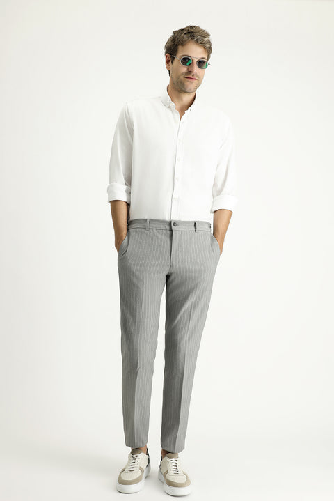 Orta Gri 7 Drop Slim Fit Dar Kesim Beli Lastikli Likralı Çizgili Klasik Kumaş Pantolon