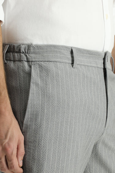 Orta Gri Slim Fit Dar Kesim Beli Lastikli Likralı Çizgili Klasik Kumaş Pantolon