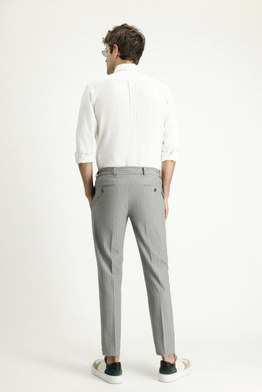 Orta Gri Slim Fit Dar Kesim Beli Lastikli Likralı Çizgili Klasik Kumaş Pantolon