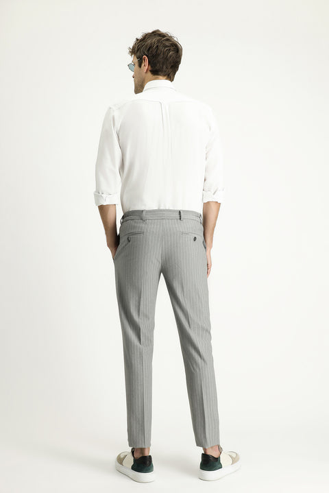 Orta Gri 7 Drop Slim Fit Dar Kesim Beli Lastikli Likralı Çizgili Klasik Kumaş Pantolon