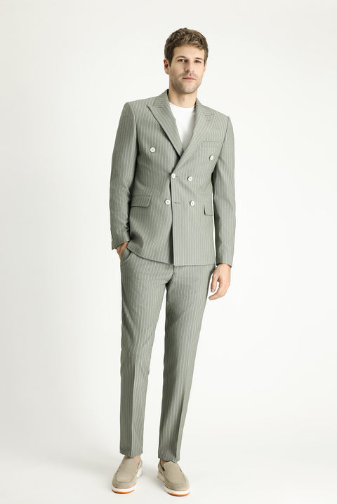 Küf Yeşili 7 Drop Slim Fit Dar Kesim Beli Lastikli Likralı Çizgili Klasik Kumaş Pantolon