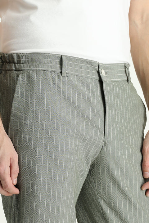 Küf Yeşili 7 Drop Slim Fit Dar Kesim Beli Lastikli Likralı Çizgili Klasik Kumaş Pantolon